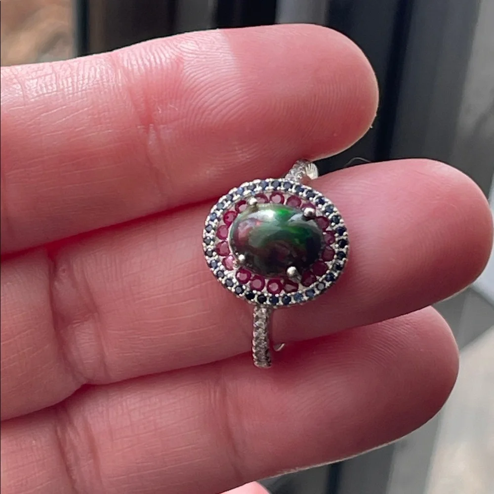 Black Opal, Ruby & Sapphire Ring in 925 Sterling Silver Size 6 CZ Accent - Picture 7 of 10